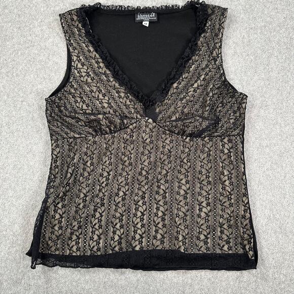 b.i.y.a.y.c.d.a Y2k Lace Overlay Tank Top Size Medium V-Neck Black/Beige Cami - Picture 1 of 8